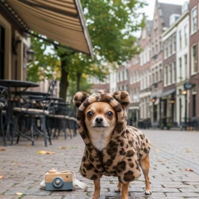 Manteau chien leopard brun avec appareil photo